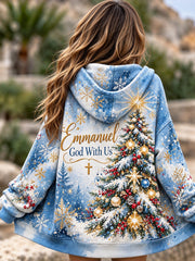 Women's God With Us Christmas Tree Print Zip-Up Hoodie