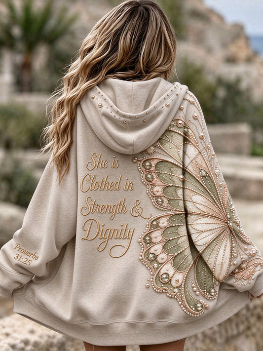 Women's She Is Clothed In Strength & Dignity Butterfly Print Zip-Up Hoodie