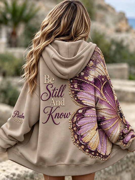 Women's Be Still And Know Butterfly Print Zip-Up Hoodie