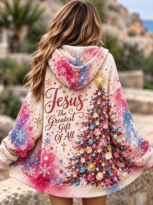 Women's Jesus The Greatest Gift Of All Christmas Tree Print Zip-Up Hoodie