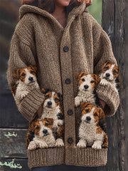 Women's Vintage Crowded Jack Russell Dogs Print Cozy Composite Fleece Long Coat