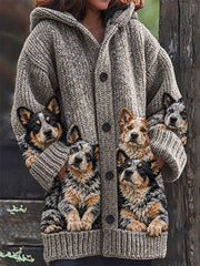 Women's Vintage Crowded Cattle Dogs Print Cozy Composite Fleece Long Coat