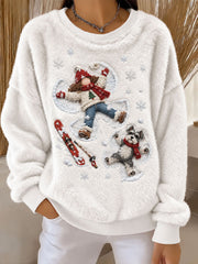 Women's Girl and Schnauzer Playing in the Snow Printed Casual Flannel Hoodie