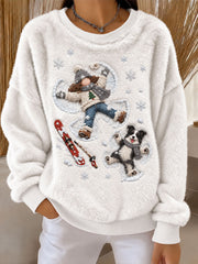 Women's Girl and Shepherd Dog Playing in the Snow Printed Casual Flannel Hoodie