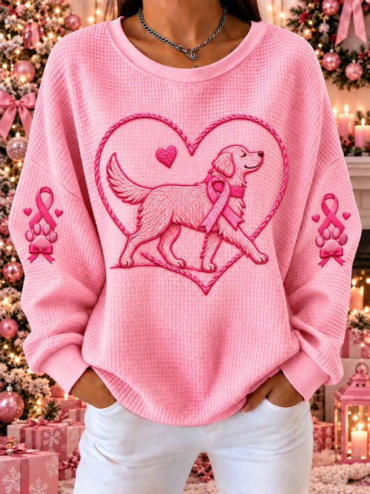 Women's Pink Ribbon Dog Print Waffle Sweatshirt
