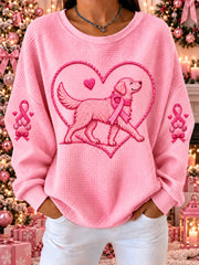 Women's Pink Ribbon Dog Print Waffle Sweatshirt