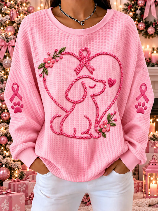 Women's Pink Ribbon Dog Print Waffle Sweatshirt