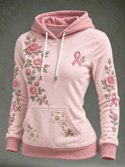 Women's Pink Rose and Pink Charity Ribbon Pattern Casual Hoodie
