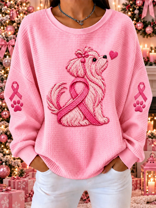 Women's Pink Ribbon Dog Print Waffle Sweatshirt