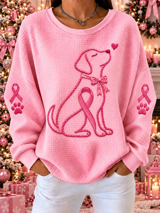 Women's Pink Ribbon Dog Print Waffle Sweatshirt