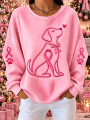 Women's Pink Ribbon Dog Print Waffle Sweatshirt