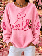 Women's Pink Ribbon Dog Print Waffle Sweatshirt