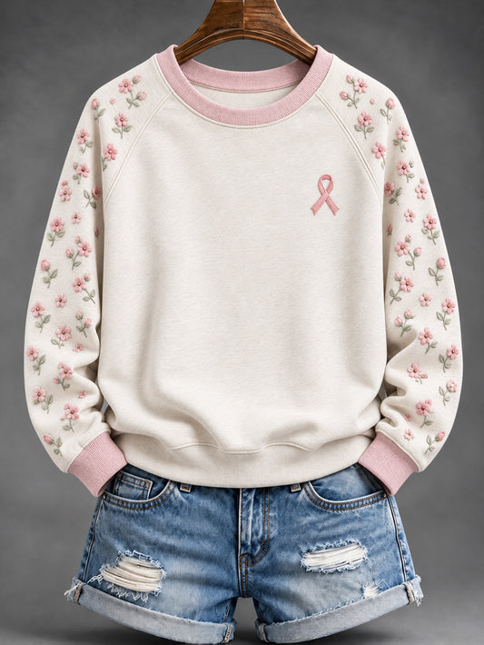 Women's Pink Floral and Pink Charity Ribbon Pattern Casual Raglan Sleeve Sweatshirt