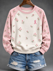 Women's Pink Rose and Pink Charity Ribbon Pattern Casual Raglan Sleeve Sweatshirt