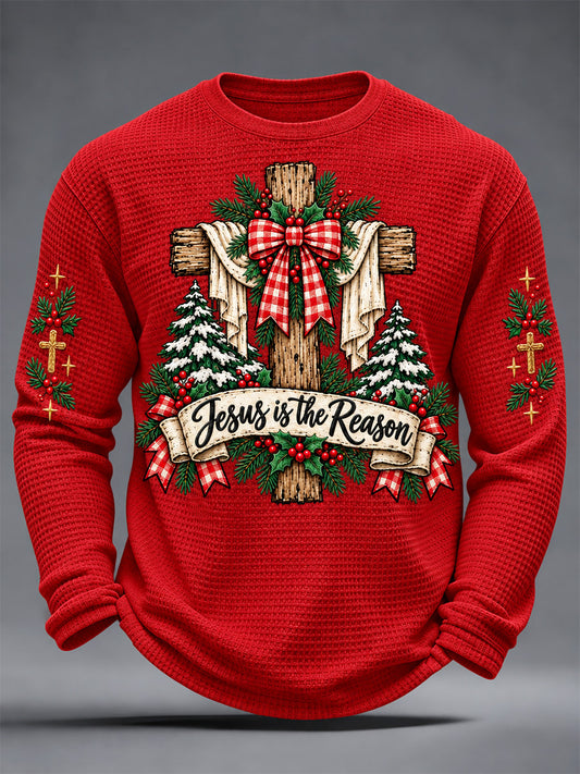 Men's Jesus Is The Reason For The Season Print Waffle Long Sleeve Top