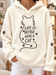 Women's Life Is Better With A Cat Cute Cat Print Cat Lovers Casual Flannel Hoodie