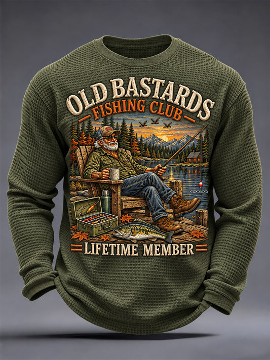 Men's Funny Old Bastards Fishing Club Lifetime Member Print Waffle Long Sleeve Top