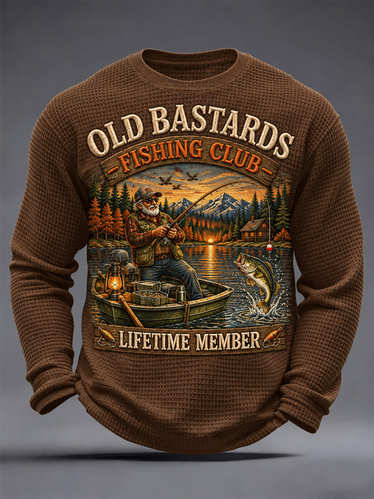 Men's Funny Old Bastards Fishing Club Lifetime Member Print Waffle Long Sleeve Top