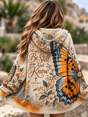 Women's Be Still And Know Floral Butterfly Print Zip-Up Hoodie