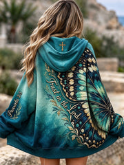 Women's Trust In The Lord Cross Butterfly Print Zip-Up Hoodie