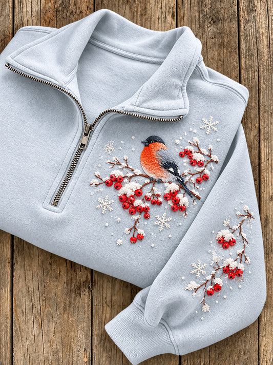 Women's Winter Bullfinch Pattern Casual Half-Zip Sweatshirt