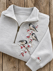 Women's Snowy Winter Black-capped Chickadee On Branch Print Zip Up Sweatshirt