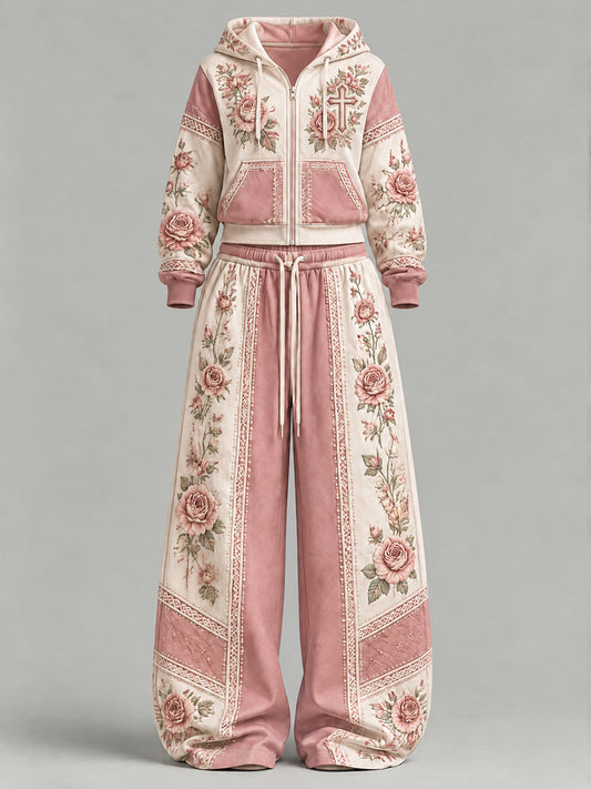 Women's Floral Cross Print Casual Set