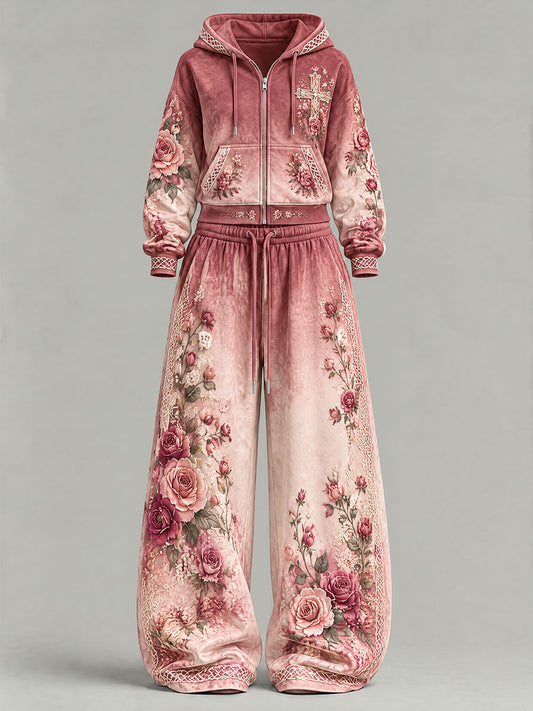 Women's Floral Cross Print Casual Set