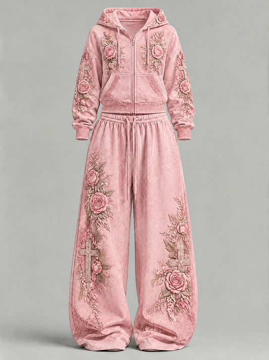 Women's Floral Cross Print Casual Set