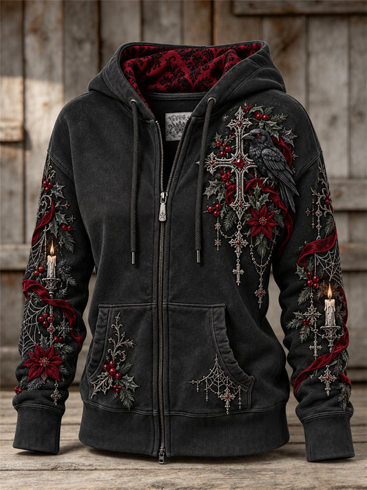 Women's Vintage Gothic Christmas Cross & Raven Print Full Zip Hoodie