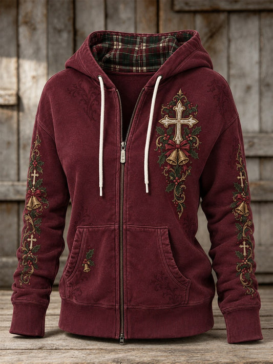 Women's Vintage Christmas Cross & Bells Print Full Zip Hoodie