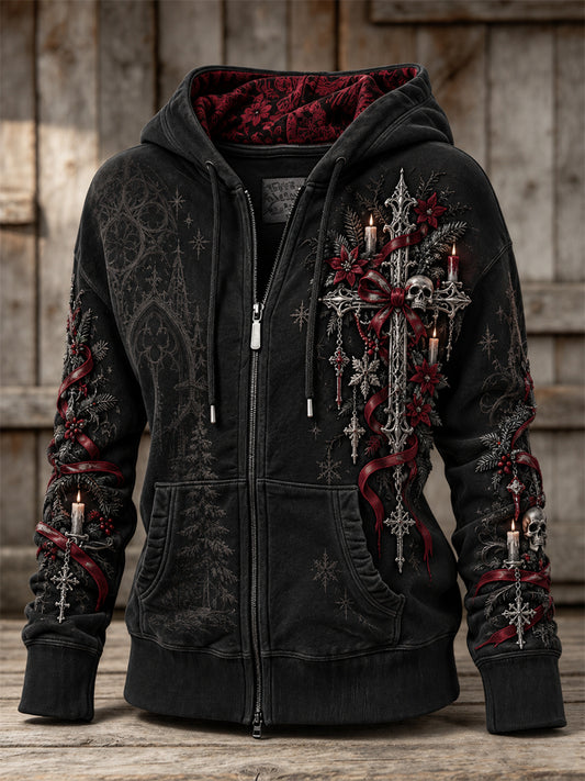 Women's Vintage Gothic Christmas Cross Print Full Zip Hoodie