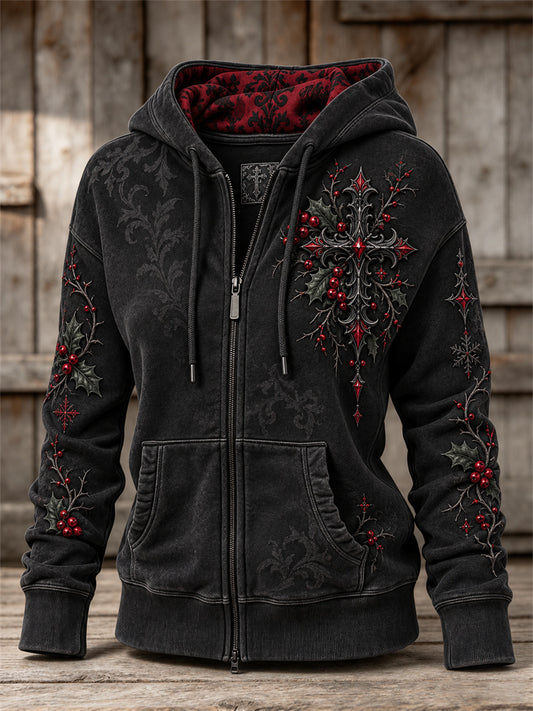 Women's Vintage Gothic Christmas Cross Print Full Zip Hoodie
