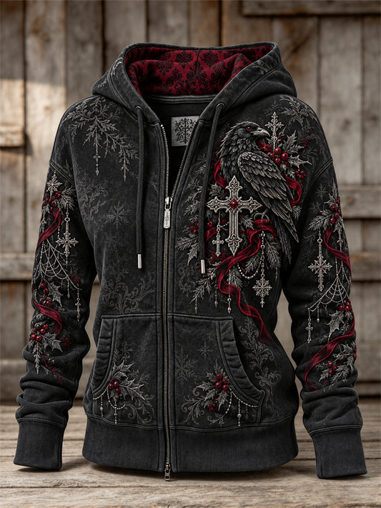 Women's Vintage Gothic Christmas Cross & Raven Print Full Zip Hoodie