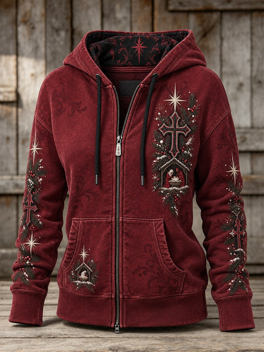 Women's Vintage Christmas Cross The Birth of Jesus Print Full Zip Hoodie
