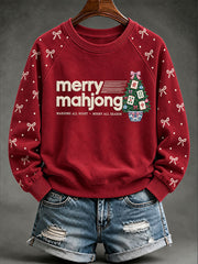 Women's 'Majong All Night,Merry All Season' Christmas Mahjong Print Casual Sweatshirt