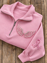 Women's Glitter Wings & Pink Ribbon Pattern Casual Half-Zip Sweatshirt