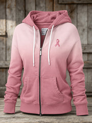 Women's Pink Charity Ribbon Pattern Gradient Design Casual Zip-Up Hoodie