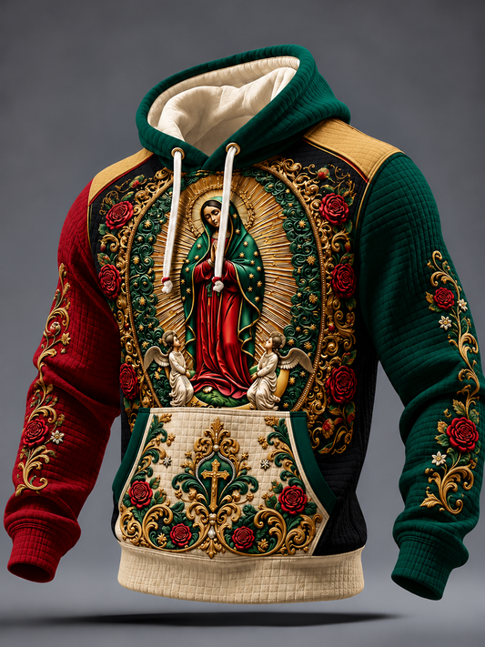 Men's Feast of Our Lady of Guadalupe art Printed Checkered Cotton Hoodie