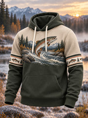 Men's Vintage Wilderness Fishing Print Oversized Drop-Shoulder Hoodie With Pockets