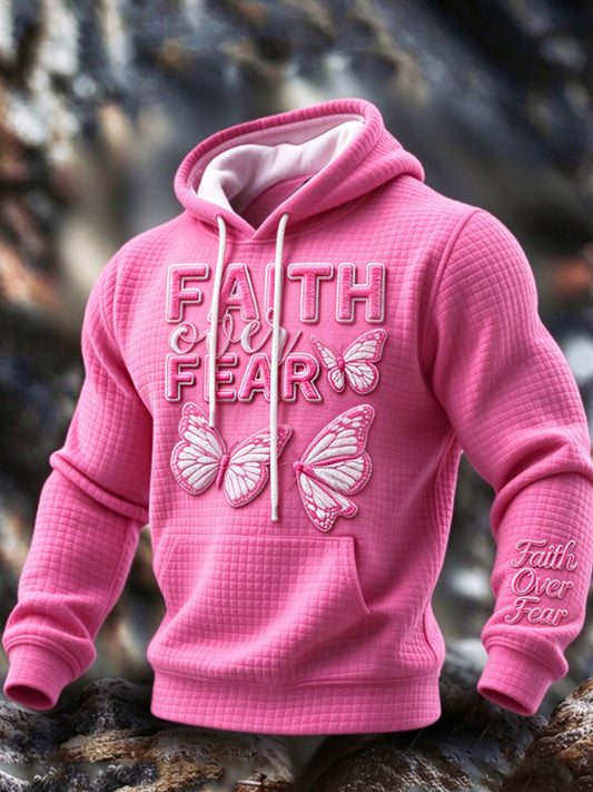 Men's Faith Over Fear Hot Pink Checkered Cotton Hoodie