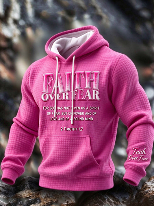 Men's Faith Over Fear Hot Pink Checkered Cotton Hoodie