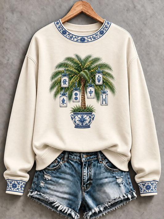 Women's Christmas Palm Tree Mahjong Print Casual Sweatshirt