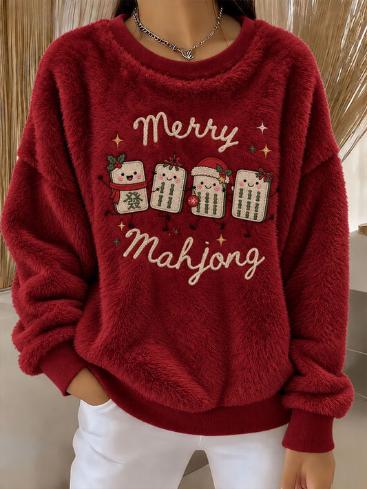 Women's Christmas Mahjong Print Casual Flannel Hoodie
