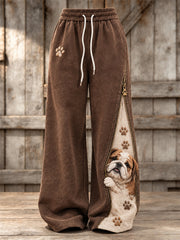 Women's Peeking Bulldog & Paw Prints Zipper Contrast Print Wide Leg Sweatpants