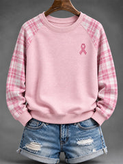 Women's Pink Charity Ribbon Pattern, Checkered Design Casual Sweatshirt
