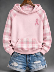 Women's Pink Charity Ribbon Pattern Check Design Casual Hoodie