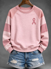 Women's Pink Striped and Pink Charity Ribbon Pattern Casual Raglan Sleeve Sweatshirt