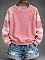 Women's Pink Striped and Pink Charity Ribbon Pattern Casual Raglan Sleeve Sweatshirt
