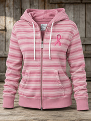 Women's Pink Charity Ribbon Pattern Striped Print Design Casual Zip-Up Hoodie